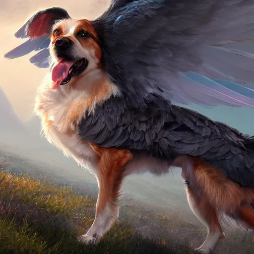 Image similar to an oil painting of a dog with wings, hd, hdr, ue 5, ue 6, unreal engine 5, cinematic 4 k wallpaper, 8 k, ultra detailed, high resolution, artstation, award winning