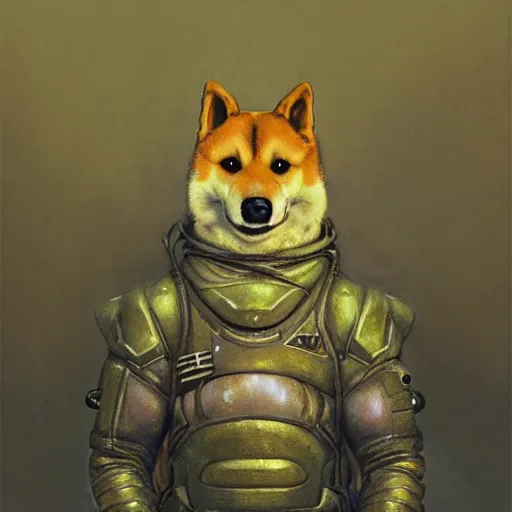 Image similar to realistic anthropomorphic shiba inu, in radiation suit armor, fantasy science fiction, glowing electric aura, by donato giancola and greg rutkowski and wayne barlow and zdzisław beksinski, realistic face, visible face, digital art, artstation, symmetry