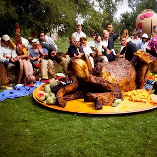 Image similar to wide shot of a whole roast camel served on a giant plate in front of a group of different sized clowns at a picnic