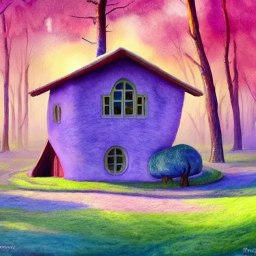 Image similar to a watercolor art in shape of volumetric!! wool felting small wooden house in the middle of spring forest, bright colours, children illustration, 4 k, matte painting, by rhads