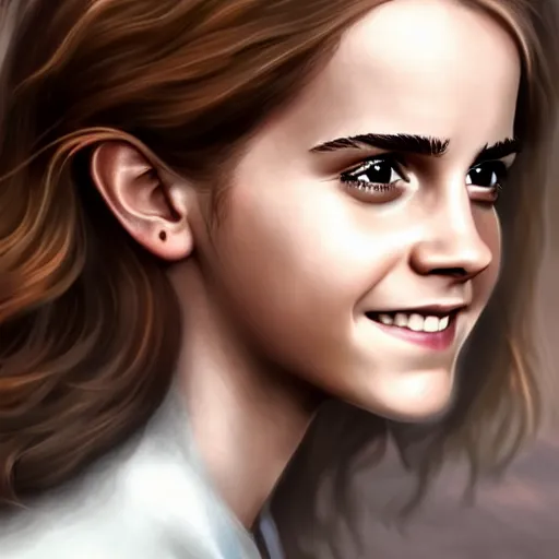 Prompt: Emma Watson as Hermione Granger. Happy. Cheerful. Smiling. Western. Closeup. Fantasy. Intricate Elegant. Highly detailed. Digital painting. Artstation. Concept art. Matte. Sharp focus. Illustration. 4K. Art by Kenne Gregoire.