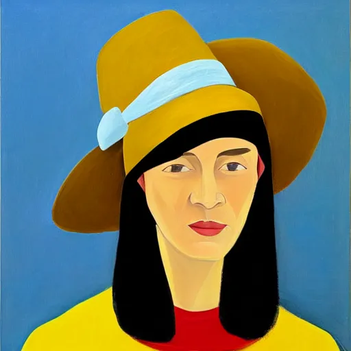 Prompt: woman with hat, by Alex Katz, colorful, yellow background, oil on canvas