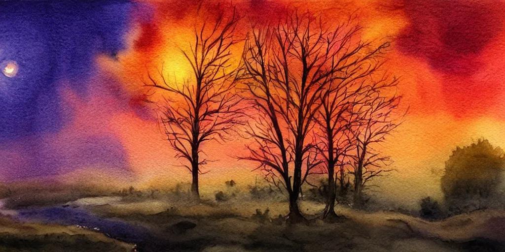 Image similar to nighttime nature landscape, watercolor, ultra realistic, highly detailed, hd, sharp focus, warm colors, realistic, vivid colors, painting, non blurry, sharp, smooth, illustration