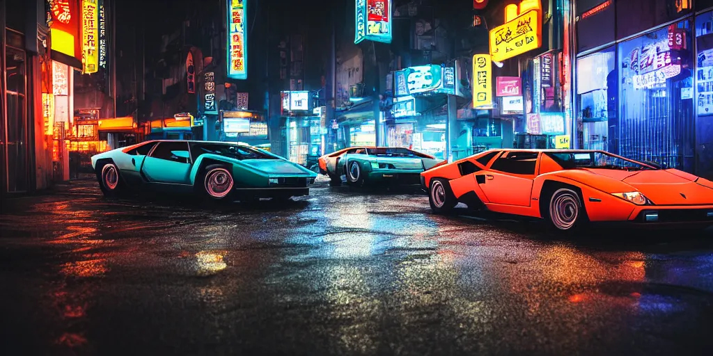 Image similar to photograph of two different coloured lamborghini countach parked in a rainy neo tokyo street at night with neon light signs illuminating the scene, sharp focus, highly detailed, ray tracing, cinematic, moody, hdr, 4 k, incredible detail