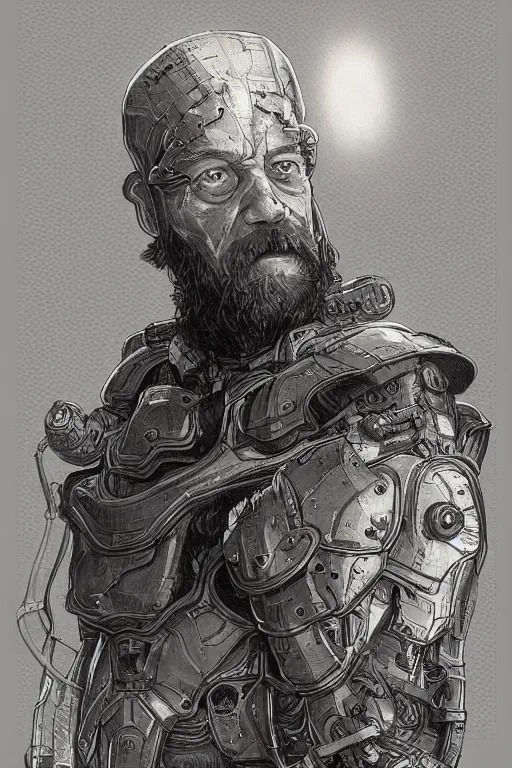 Image similar to Portrait of philosopher Peter Kropotkin with a long beard wearing futuristic power armor, sci-fi, intricate, highly detailed, digital painting, trending on artstation, sharp focus, illustration, style of Stanley Artgerm and Greg Rutkowski and Dan Mumford