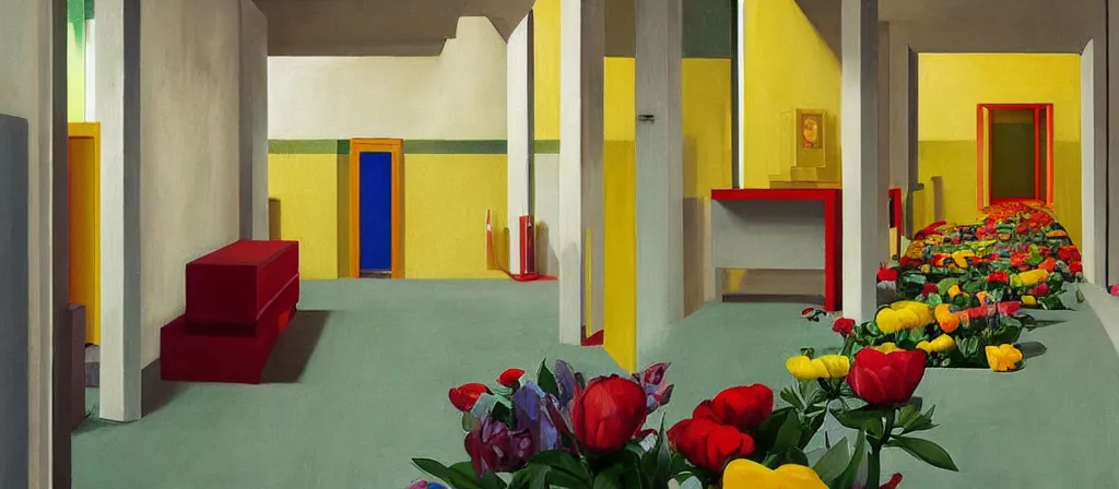 Image similar to colorful minimalist industrial interior hallway with monolithic pillars in the style of ridley scott and stanley kubrick, impossible stijl architecture, bed of flowers on floor, ultra wide angle view, realistic detailed painting by edward hopper