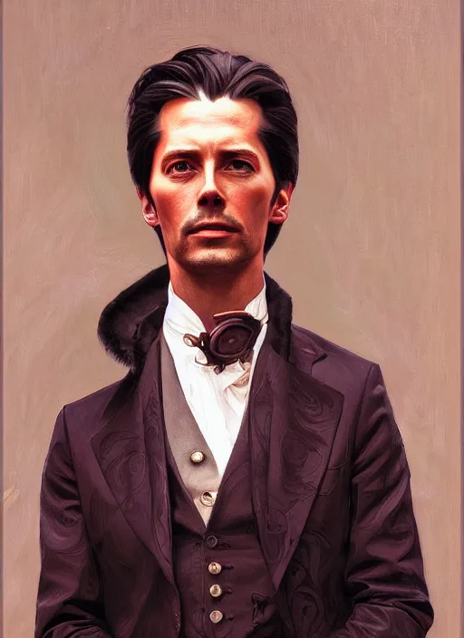 Image similar to oil portrait of miles edgeworth, intricate, elegant, highly detailed, lighting, painting, artstation, smooth, illustration, art by greg rutowski and alphonse mucha