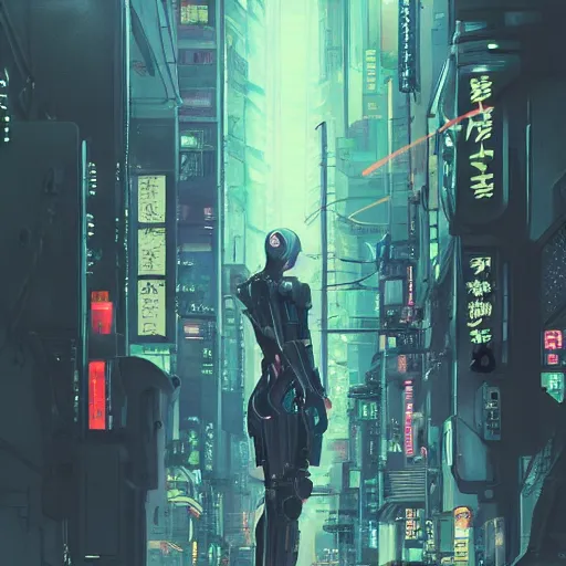 Image similar to cyberpunk robot in future japan at night, concept art, fine details, studio ghibli, cinematic lighting, ghost-in-the-shell, cyberpunk,sci-fi, fantasy, intricate, elegant, highly detailed, digital painting, trending on artstation, concept art, smooth, sharp focus, illustration, by james gurney and greg rutkowski