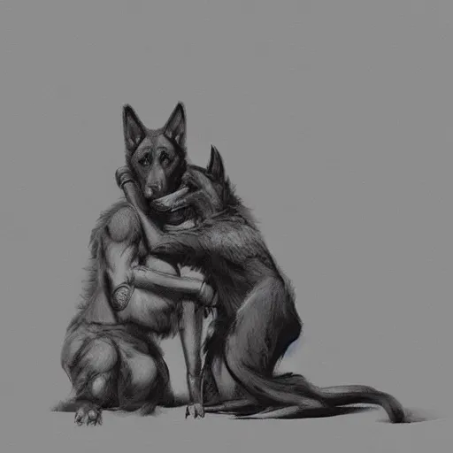 Image similar to two humanoid german shepherds beast - men, sitting on a couch and hugging together, artstation, concept art, smooth, sharp foccus ilustration, artstation