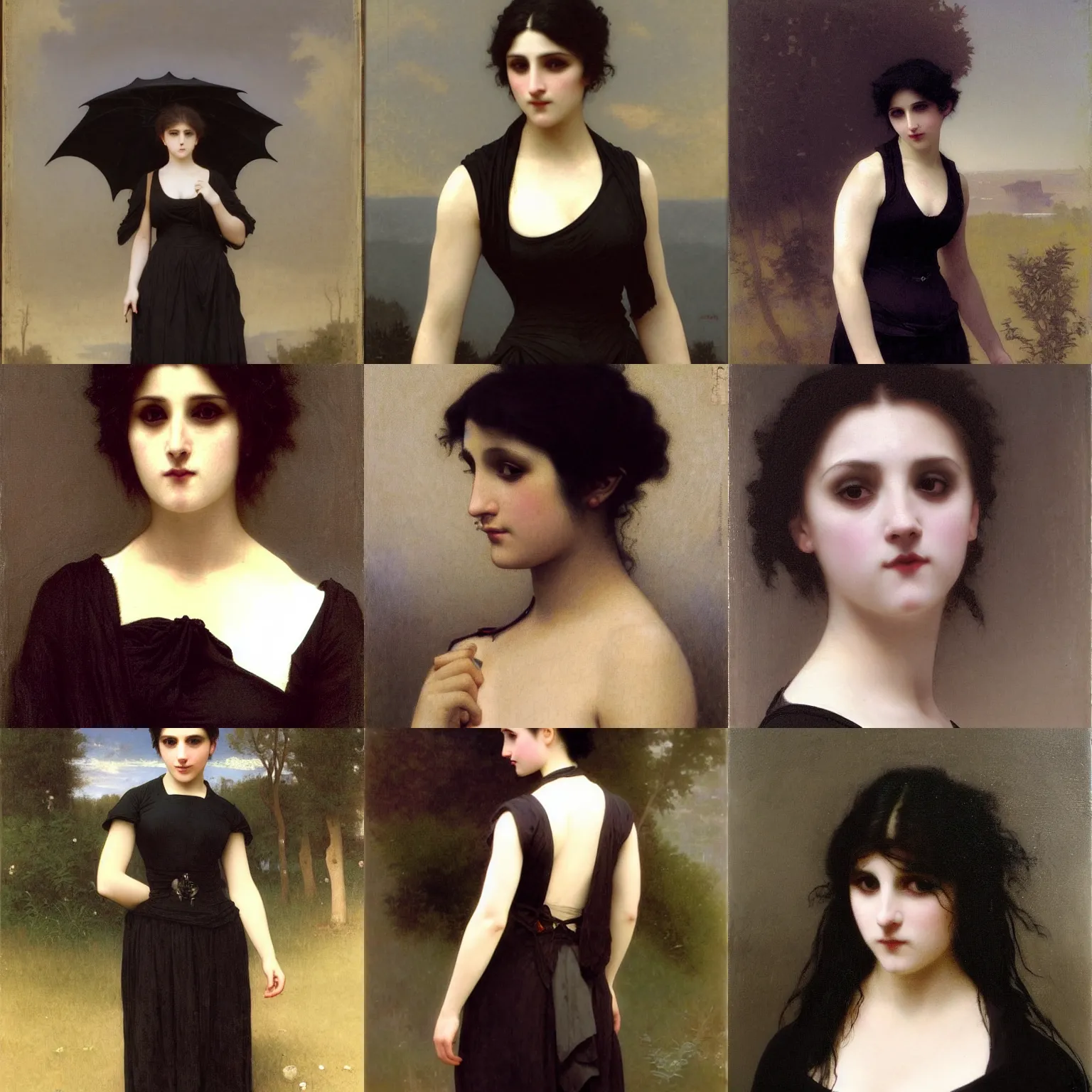 Prompt: A goth painted by William-Adolphe Bouguereau. Her hair is dark brown and cut into a short, messy pixie cut. She has a slightly rounded face, with a pointed chin, large entirely-black eyes, and a small nose. She is wearing a black tank top, a black leather jacket, a black knee-length skirt, a black choker, and black leather boots.