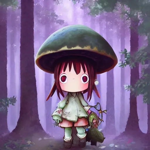 Image similar to cute little girl with a mushroom hat in dark forest, cute artwork, clean detailed, inspired in made in abyss, detailed background