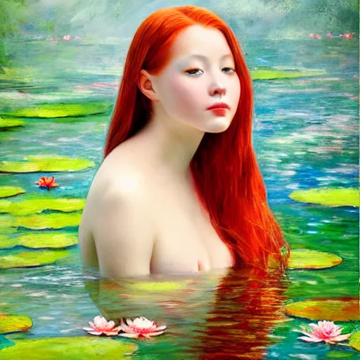 Image similar to oil painted impressionism style, A red-haired girl bathes in a lake where water lilies are floating, High definition, detailed,
