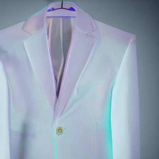 Prompt: an ultra high definition professional studio quality photograph of a transparent iridescent perspex pastel coloured sports jacket on a white coat hook in an empty white room. dramatic lighting, ray tracing, refraction, shallow d. o. f, colour corrected, golden ratio, three point light. volumetric shadows..