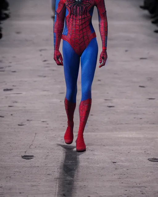 Image similar to hyperrealistic and heavy detailed 2321s Yeezy runway show of spiderman, Leica SL2 50mm, vivid color, high quality, high textured