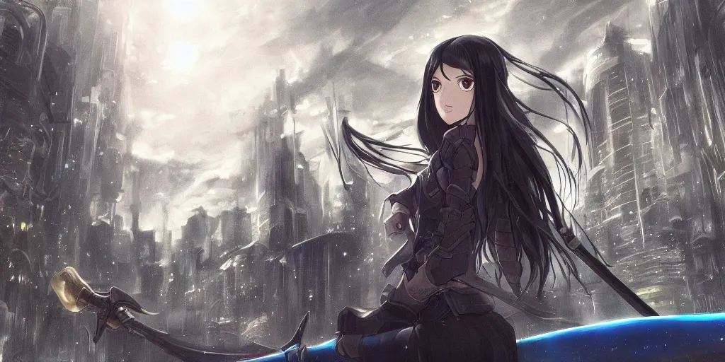 Image similar to girl with long black hair and a long black sword in front of a sci fi cityscape, ryohei fuke, makoto shinkai, detailed, cinematic, ultra - wide angle, dark sepia toned shading, luminescent eyes, blue fire.