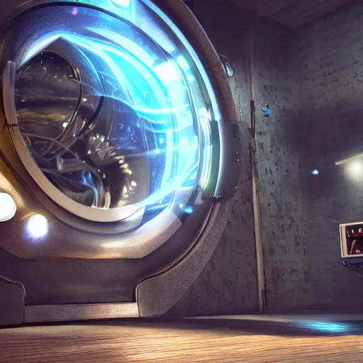 Prompt: a time machine made out of a washing machine with cool lights and steam and lightning, unreal engine