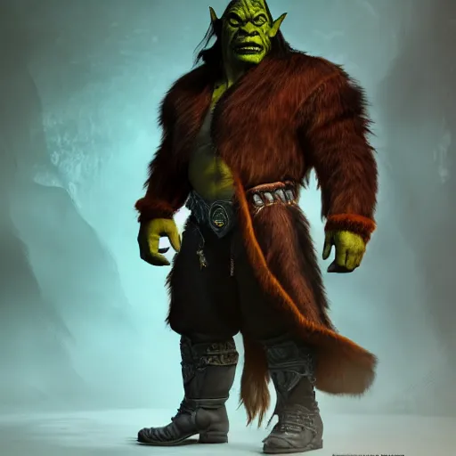 Image similar to A full body shot of a handsome orc looking into the camera wearing a leather fur jacket and boots, full body shot, artstation, realistic, highly detailed, symmetrical, hyper realism, warcraft, dynamic pose, high detail, octane render, unreal engine, 8k, fantasy art, highly detailed, concept art