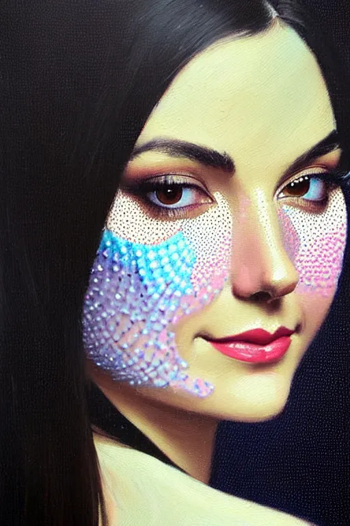 Prompt: allover painting face portrait of elegantly beautiful, sophisticated victoria justice, exhalted queen of advanced mathematics, complex computations, intricate automatism, baroque, batik, ben - day dots by, norman rockwell, range murata jeremy lipking, trending on pinterest, stunning 8 k, sharp depth of field, pristine global illumination, circuit bent synthesis.