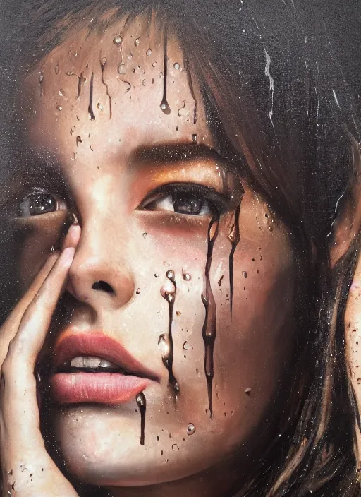 Image similar to portrait of a girl, oil dripping down her, hyper-realistic, high-tech