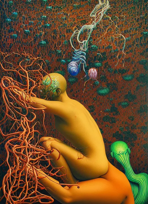 Image similar to hyper detailed Oil painting - I Eat of the Strangling Fruit and My gossamer polyp blossoms bring iridescent fungal flowers whose spores black the foolish stars by Jacek Yerka, Mariusz Lewandowski, Abstract brush strokes, Masterpiece, Edward Hopper and James Gilleard, Zdzislaw Beksinski, Mark Ryden, Wolfgang Lettl, hints of Yayoi Kasuma