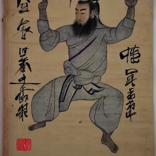 Prompt: yi jin jing posture in huang di nei jing chinese medical kung fu diagram, old manuscript, ancient information