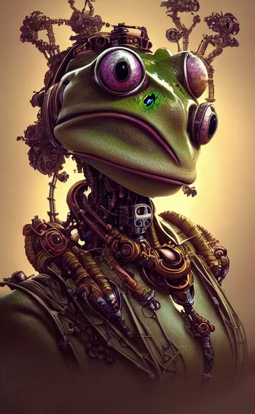 Prompt: portrait of a frog, robot steampunk, floral! horizon zero dawn machine, intricate, elegant, highly detailed, ray tracing, digital painting, artstation, concept art, smooth, sharp focus, illustration, art by artgerm and greg rutkowski and alphonse mucha, 8 k