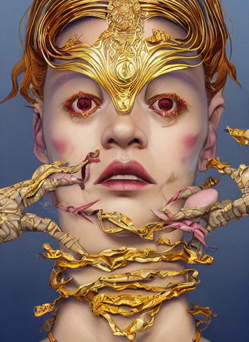 Image similar to gold skin :: by Martine Johanna and Simon Stålenhag and Chie Yoshii and wlop and Guillermo del toro :: ornate, dynamic, particulate, rich colors, elegant, centered, artstation, smooth, sharp focus, octane render, 3d