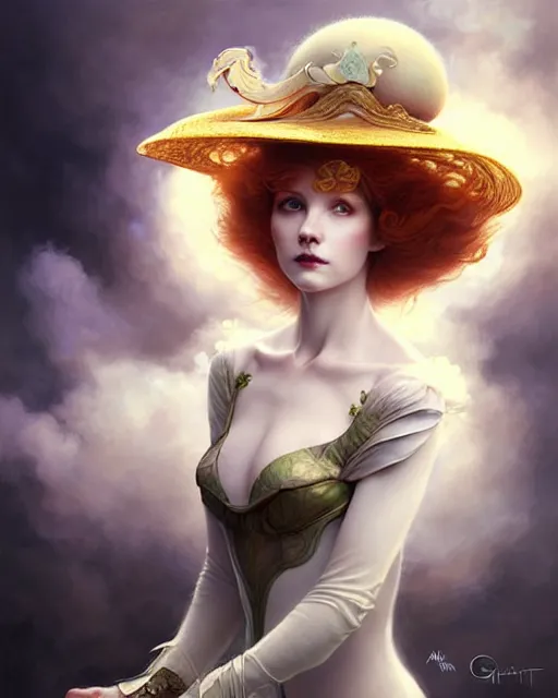 Prompt: Beautiful and playful ethereal ginger portrait, art nouveau, fantasy, with a hat made of clouds , elegant, highly detailed, sharp focus, art by Artgerm and Greg Rutkowski and WLOP