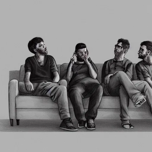 Image similar to 3 dudes sitting on a couch watching tv. smoking cigarettes, drinking cough syrup. pencil and ink drawing. high detail, 4 k, octane render,