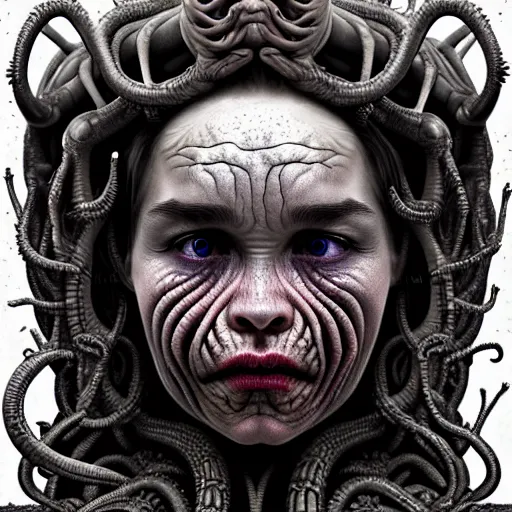 Image similar to alien sad medusa, face of emilia clarke, crying blood, tubular creature, blood vesels, no face, dystopian surrealism, art style alex ries giger, zdzisław beksinski, symmetry accurate features, very intricate details, high resolution, 4 k, intricate, sharp