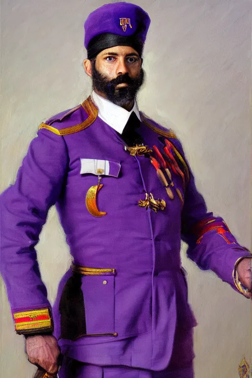 Image similar to full body portrait of the dictator of the sacramento kings, 1 8 8 9, in full military garb, purple, silver, oil on canvas by william sidney mount, trending on artstation