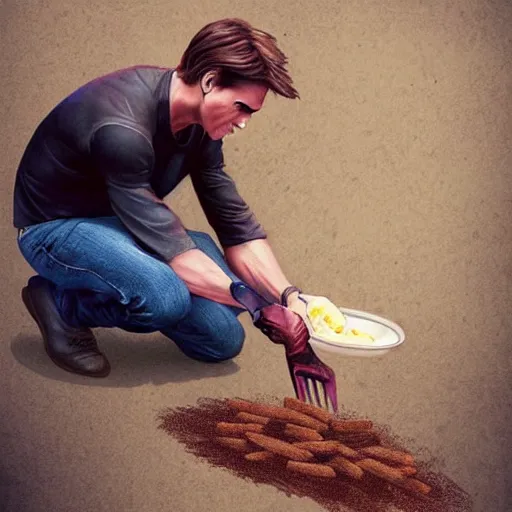 Prompt: tom cruise planting fries in the ground, digital art, highly - detailed, artstation cgsociety masterpiece