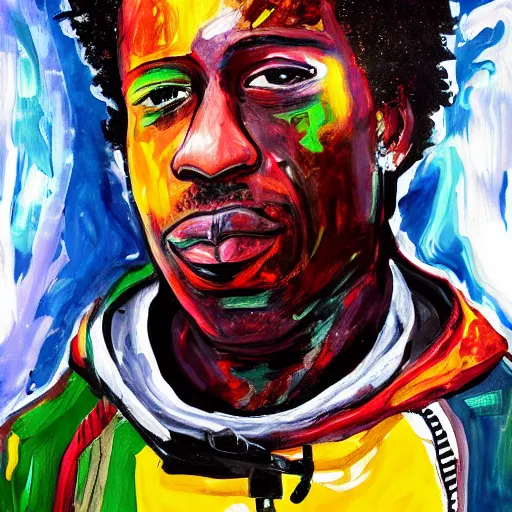 Image similar to a messy painting of Saul Williams in space.Trending on ArtStation