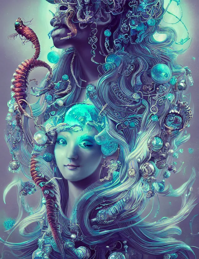 Image similar to goddess macro vintage shouler portrait from bottom to top in crown made of ram skull. betta fish, jellyfish phoenix, plasma, ice, water, wind, creature, super intricate ornaments artwork by tooth wu and wlop and beeple and greg rutkowski and alexander fedosav