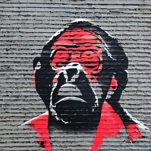 Prompt: gorilla wearing red headphones by banksy