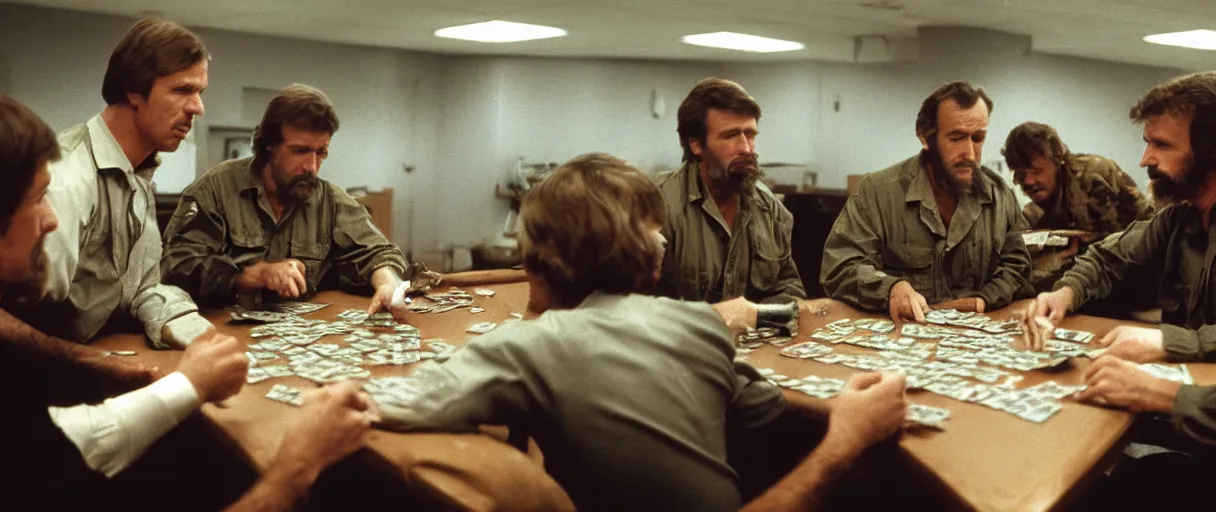 Prompt: a high quality extreme wide establishing shot hd 4 k film 3 5 mm color photograph of a group of grizzled caucasian male civilian military contractors sitting at a square table playing cards in a dimly lit breakroom smoking ciggarettes in 1 9 8 2