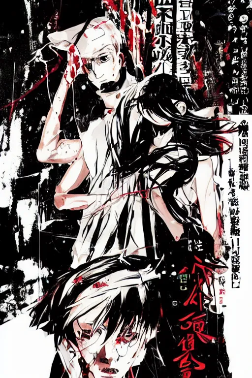 Image similar to professionally drawn seinen shonen mature cyberpunk horror detective action manga comic cover, full color, beautifully drawn coherent professional, drawn by ilya kuvshinov, ilya kuvshinov, and hiromu arakawa and tsutomu nihei. japanese script kanji hiragana on the cover. simplistic minimalist.