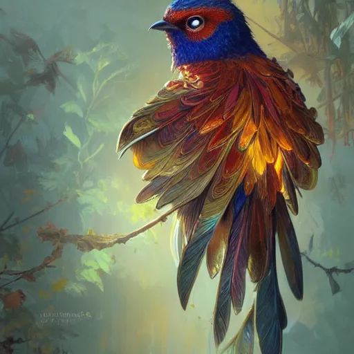 Image similar to close up of colorful bird, golden crown, dark, rusty, fantasy forest, highly detailed, realistic, artstation, concept art, smooth, sharp focus, illustration, art by artgerm and greg rutkowski and alphonse mucha