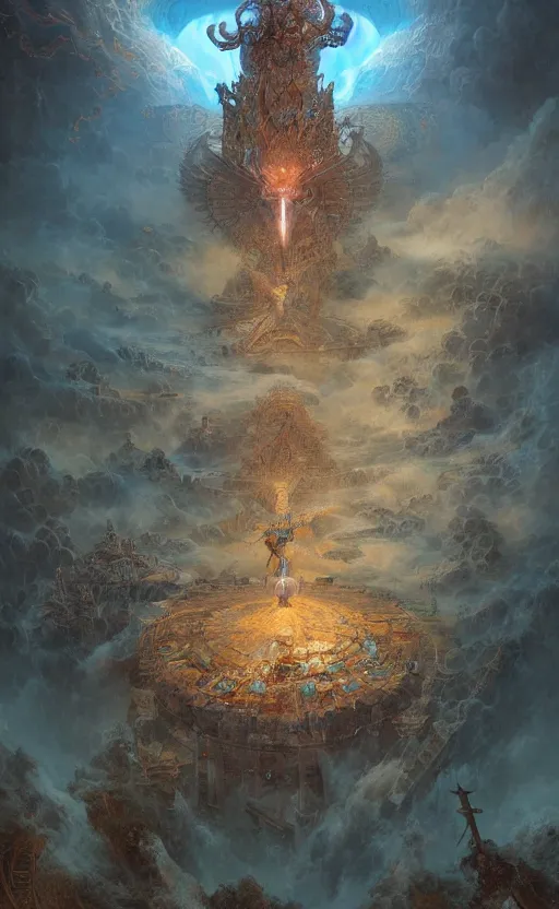 Image similar to bird's eye view, epic war between good and evil, gigantic biomechanical astral monk, baroque architecture, detailed, vivid colors, masterpiece painting, octane render, volumetric lighting, cinematic, by gustave dore, by michelangelo, by beksinski, by peter mohrbacher