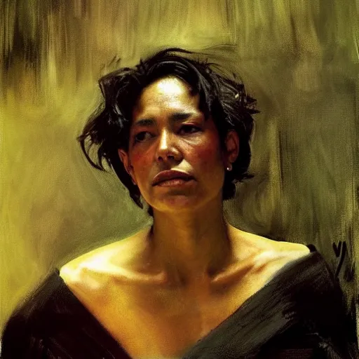 Prompt: a stunning masterful portrait of a confident colombian woman with messy hair by andrew wyeth, john singer sargent, and norman rockwell, natural light, oil painting, ethereal, wong kar wai, strong brushwork