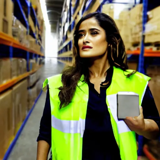 Prompt: photo, close up, salma hayek in a hi vis vest, in warehouse, android cameraphone, 2 6 mm,