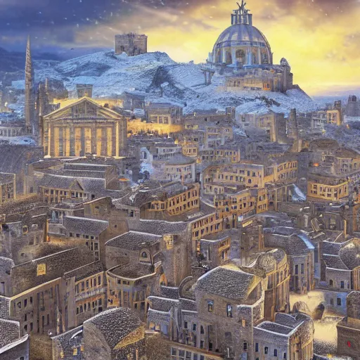 Prompt: an ultra detailed tarot card of the mountain city of galic, grid shaped city cobblestone streets, roman and scottish fantasy city, the morning after a heavy snowfall, wind, inspiring roman golden age architecture, lofty domed building with minarets, ultrawide lense, aerial photography, unreal engine, exquisite detail, 8 k, art by brandon sanderson and robert jordan