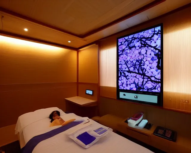 Prompt: The zen environment of the hospital room of the five star hotel located in the Kyoto spaceship, with calming bright lights and a welcoming Japanese rose pattern on the wall and a breathtaking wooden floor; a doctor and her patient look at a computer screen showing medical graphs