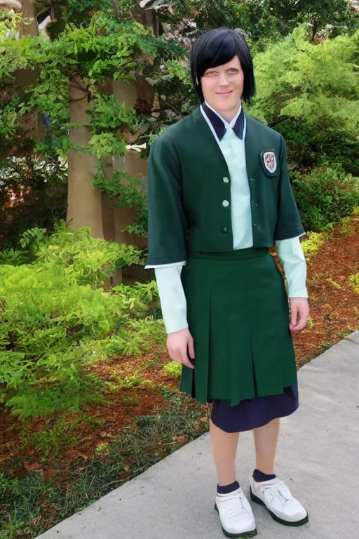 Prompt: a full - length photo of real life toph from avatar wearing a school uniform