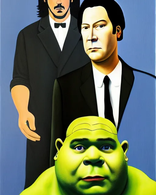 Image similar to magritte painting of keanu reeves and shrek