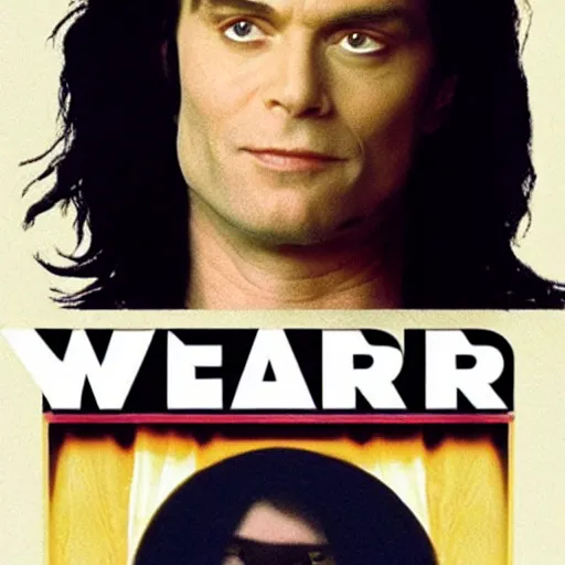 Prompt: tommy wiseau from the room ( 2 0 0 3 ) with the words'oh hi mark'written, poster, perfect kerning