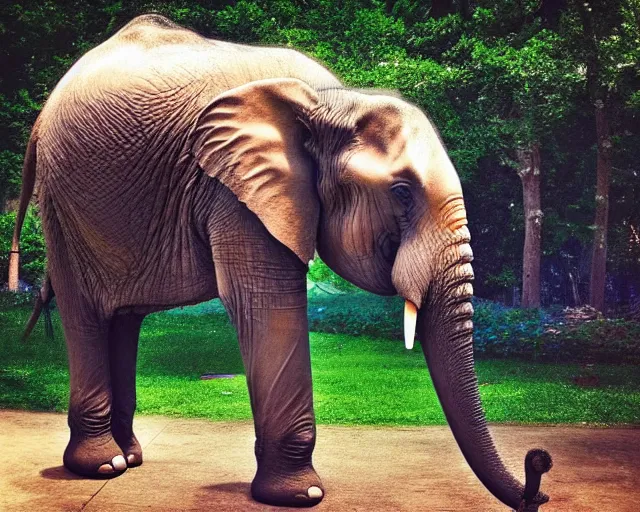 Prompt: an elephant painting a beautiful picture of an elephant while standing outside in a park on a sunny day, octane, shot on an iphone,