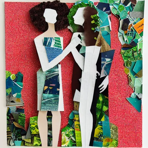 Prompt: paper collage art made of cut up magazines depicting two women holding hands in a jungle