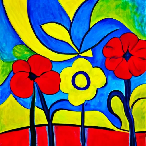 Prompt: a painting of a red flower on a yellow background, a pop art painting by laurel burch, trending on pixabay, fauvism, acrylic art, fauvism, oil on canvas