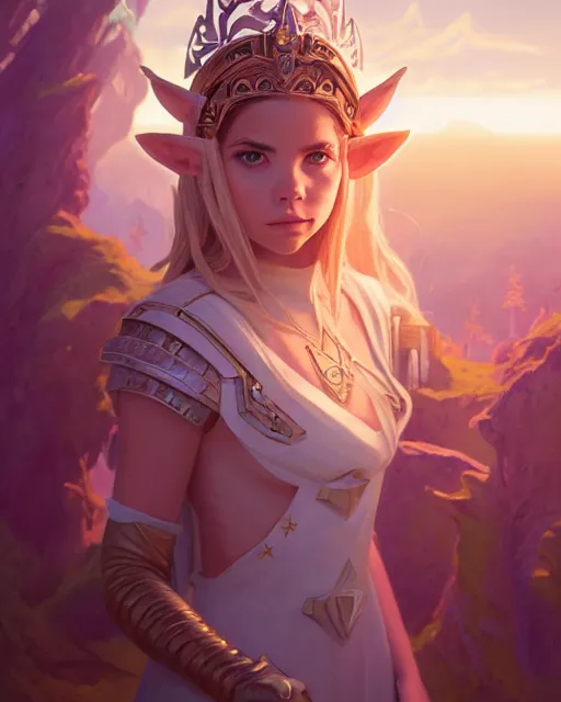 Image similar to highly detailed surreal vfx portrait of ashley benson as princess zelda, stephen bliss, unreal engine, greg rutkowski, loish, rhads, beeple, makoto shinkai and lois van baarle, ilya kuvshinov, rossdraws, tom bagshaw, alphonse mucha, global illumination, detailed and intricate environment